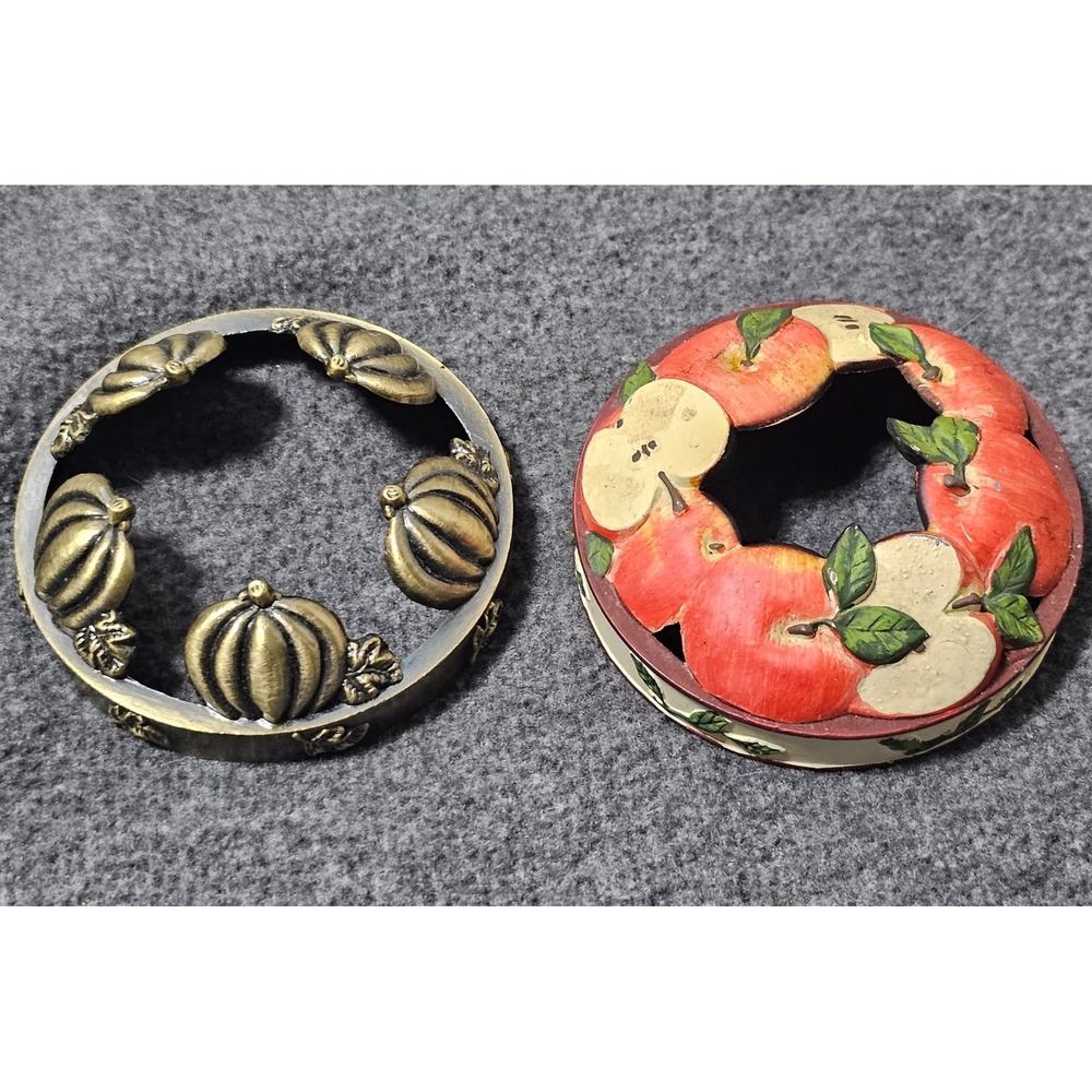 Set of 2 Jar Candle Toppers Pumpkin Bronze & Red Apple Harvest Fall Decor
